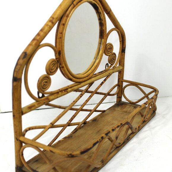 Vintage 1970's Bamboo Aged Wall Shelf Round Mirror Boho Retro As-Is - Picture 3 of 10